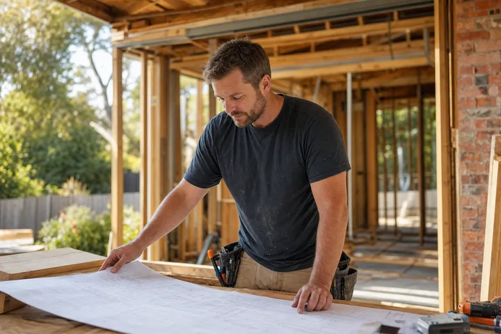 Tradie reviewing building plans at a home renovation